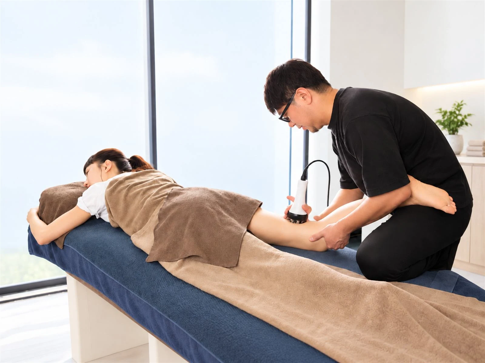 ベッドにうつ伏せで横になったお客様の脚をトレーナーがケアしている様子