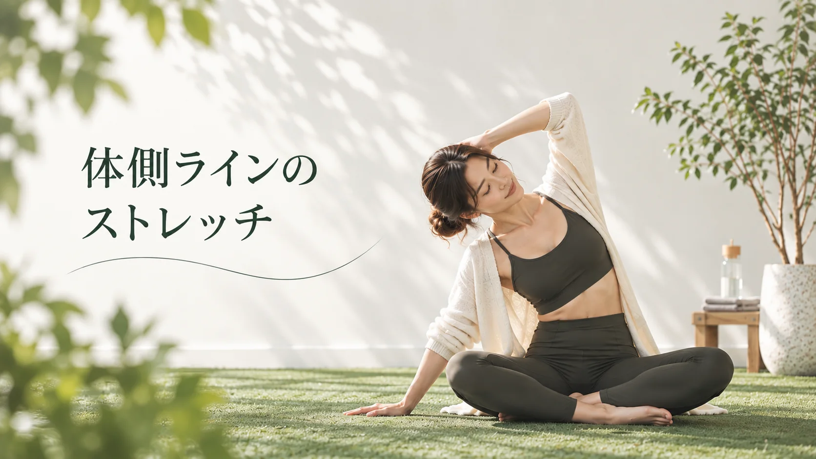 あぐらで座って体側を伸ばすストレッチ