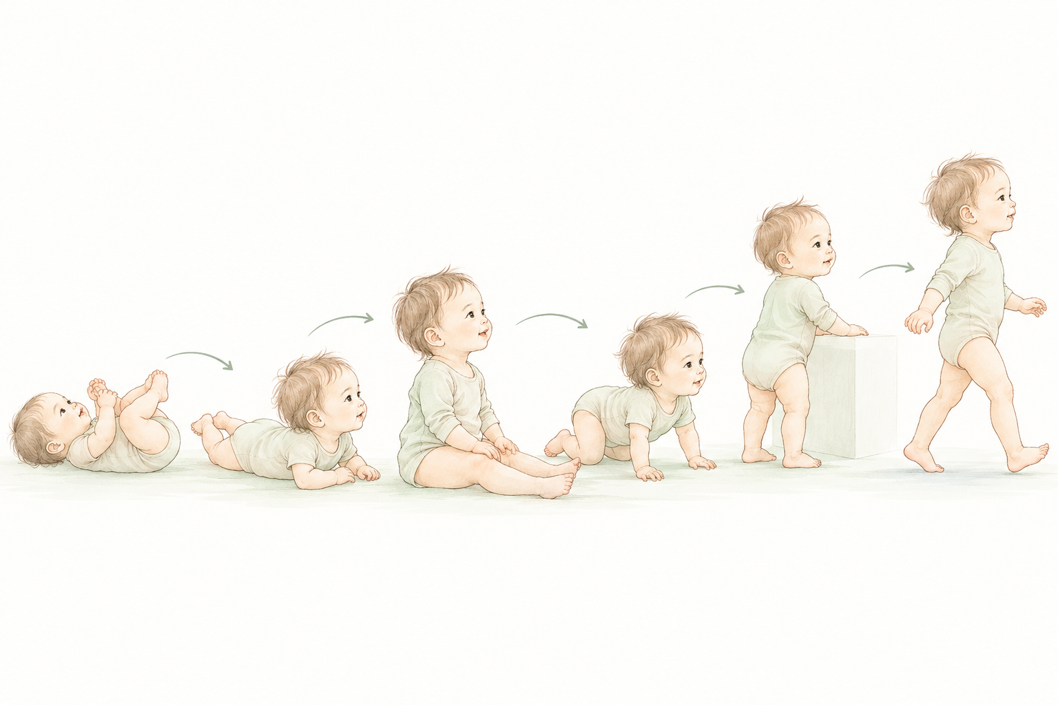 仰向け、腹ばい、座る、四つ這い、つかまり立ち、歩くと、赤ちゃんが動きを覚えていく順番を描いた挿絵